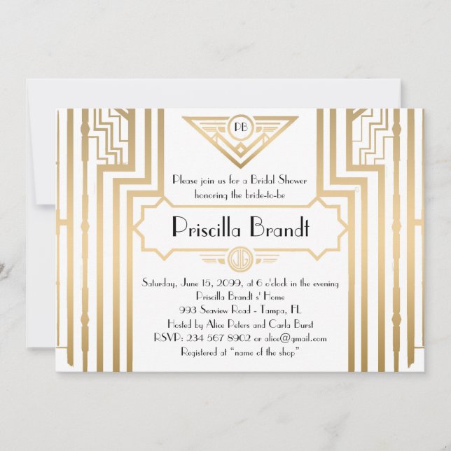 Bridal Shower, Gatsby style, white & gold,art-deco Invitation (Front)