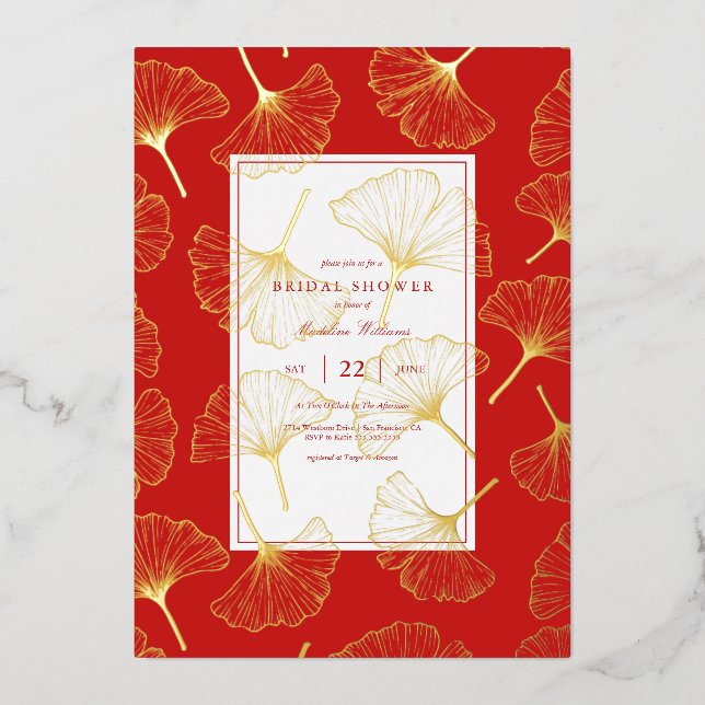 BRIDAL SHOWER Ginkgo Leaf Foil Holiday Card (Front)