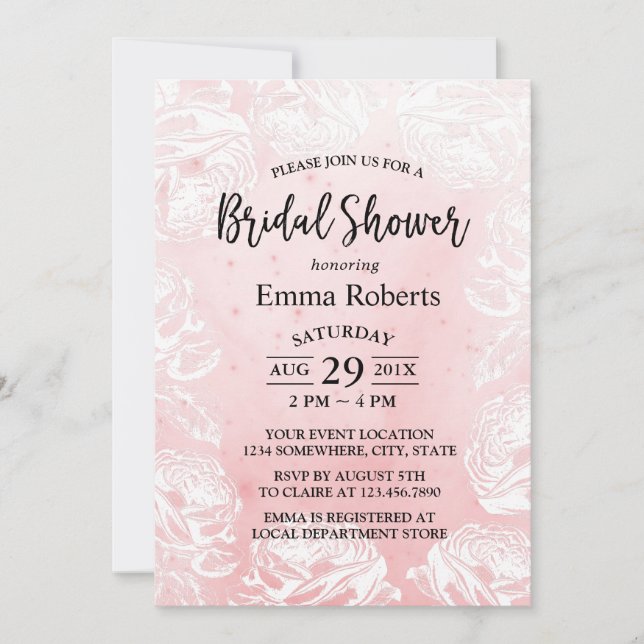 Bridal Shower Girly Watercolor Rose Floral Invitation (Front)