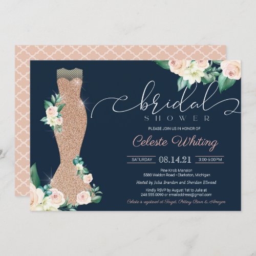 Bridal Shower Glam Dress Floral Navy Peach Blush Invitation