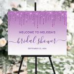 Bridal Shower Glitter Drip Purple Welcome Foam Board<br><div class="desc">Welcome guests with this chic, glamorous bridal shower sign, featuring a sparkly purple faux glitter drip border and purple ombre background. The words "bridal shower" appear in elegant purple handwriting script with flourishes at the beginning and end. Personalize the sign with the name of the bride-to-be and the date in...</div>