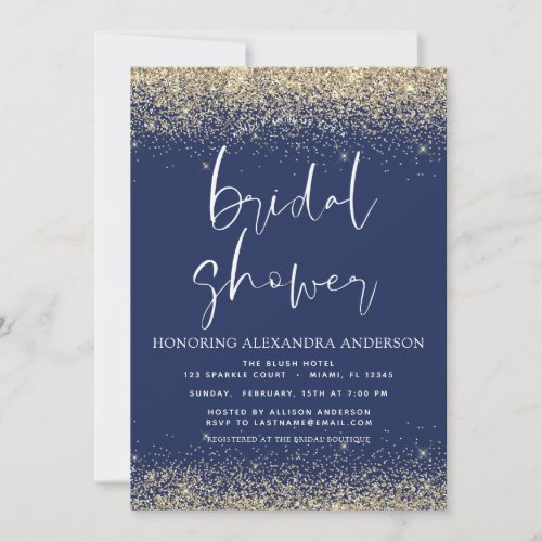 Bridal Shower Glitter Gold Navy Blue Modern Invitation