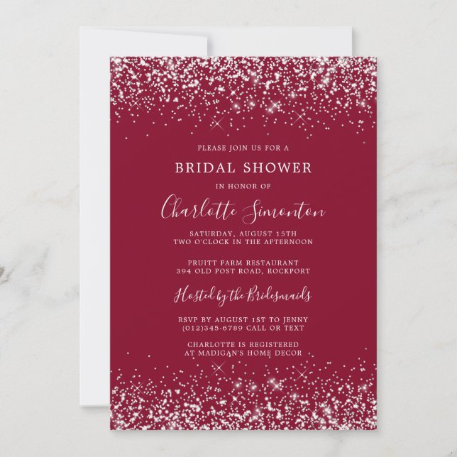 Bridal Shower Glitter Silver Burgundy Glam Invitation (Front)