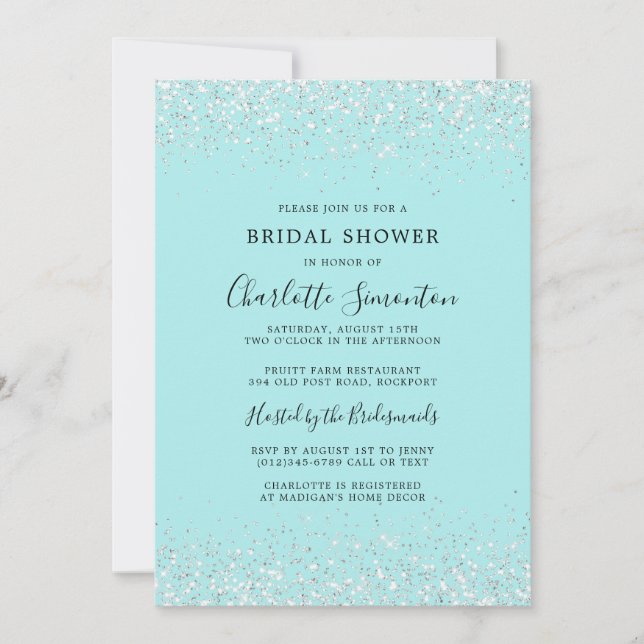 Bridal Shower Glitter Silver Teal Glam Invitation (Front)