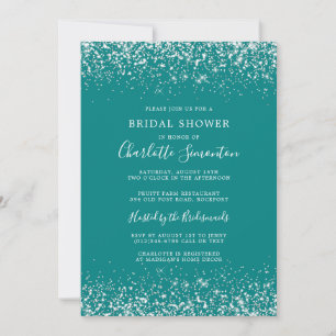 Bridal Shower Glitter Silver Teal Glam Invitation