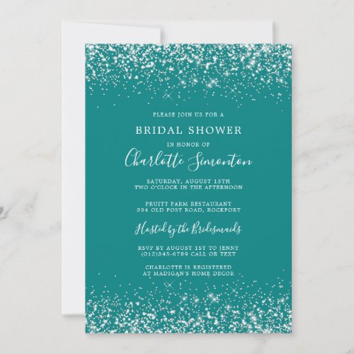 Bridal Shower Glitter Silver Teal Glam Invitation