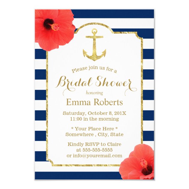 Bridal Shower Gold Anchor Nautical Navy Stripes Invitation