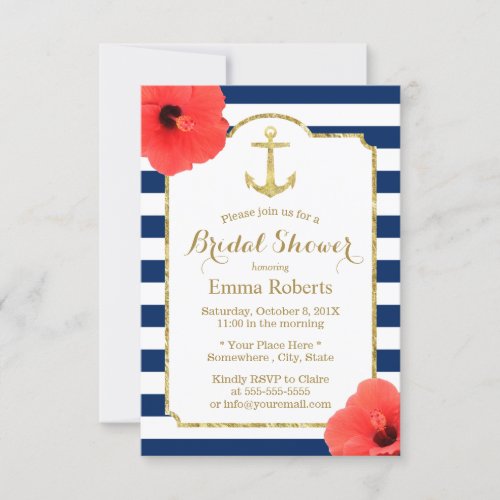 Bridal Shower Gold Anchor Nautical Navy Stripes Invitation