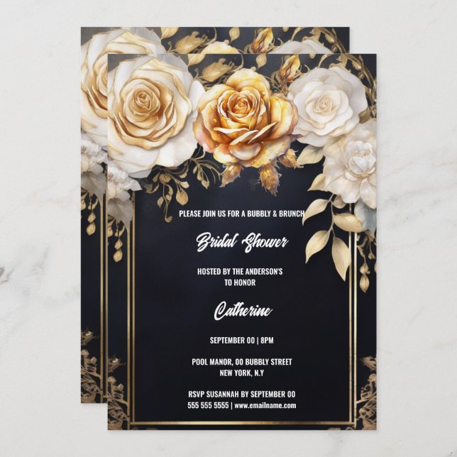 Bridal shower gold black rose flower floral chic invitation (Front/Back)