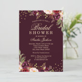 Bridal Shower Gold Burgundy floral Sparkle Invitation (Standing Front)