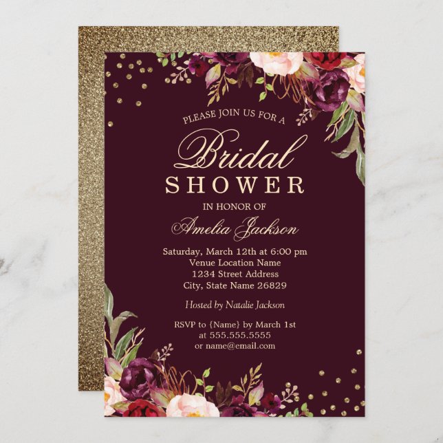 Bridal Shower Gold Burgundy floral Sparkle Invitation (Front/Back)