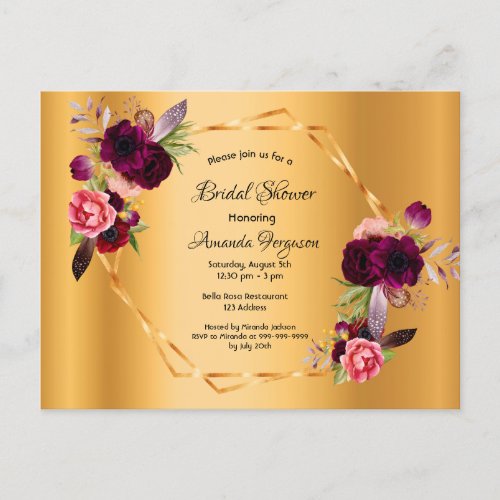 Bridal shower gold burgundy florals invitation postcard