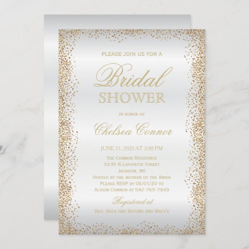 Bridal Shower _ Gold Confetti and White Satin Invitation