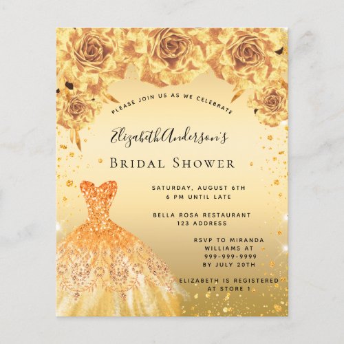 Bridal Shower gold dress floral budget invitation Flyer