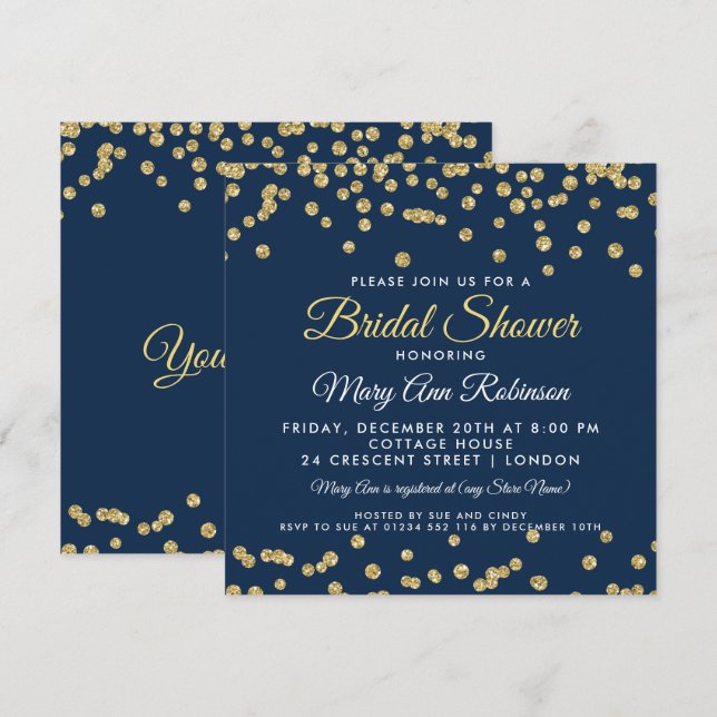Bridal Shower Gold Faux Glitter Confetti Navy Blue Invitation (Front/Back)