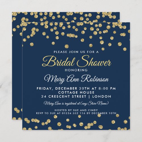 Bridal Shower Gold Faux Glitter Confetti Navy Blue Invitation