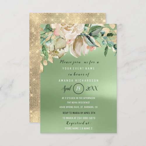 Bridal Shower Gold Flower Brunch Mint Green Invitation