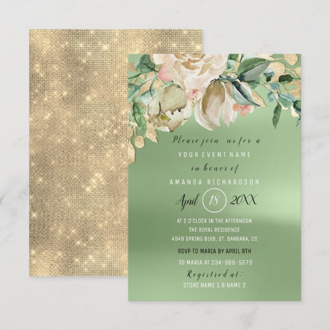 Bridal Shower Gold Flower Brunch Mint Green Invitation (Front/Back)