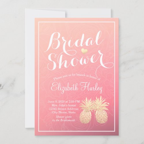 Bridal Shower Gold Foil Pineapple Couple Pink Rose Invitation