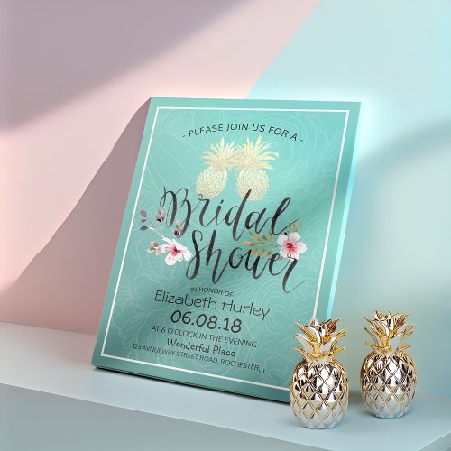 Bridal Shower Gold Foil Pineapple Couple Teal Rose Invitation