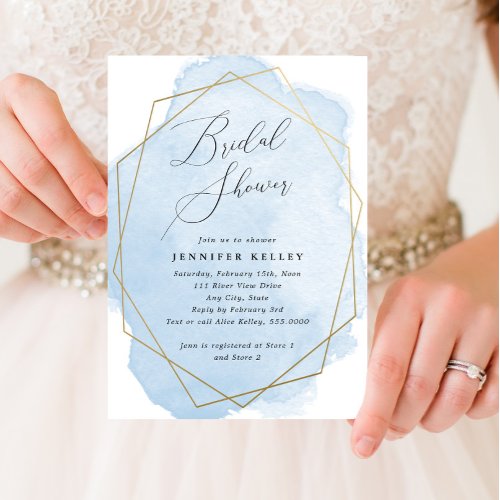 Bridal Shower Gold Geo Frame Blue Watercolor Invitation