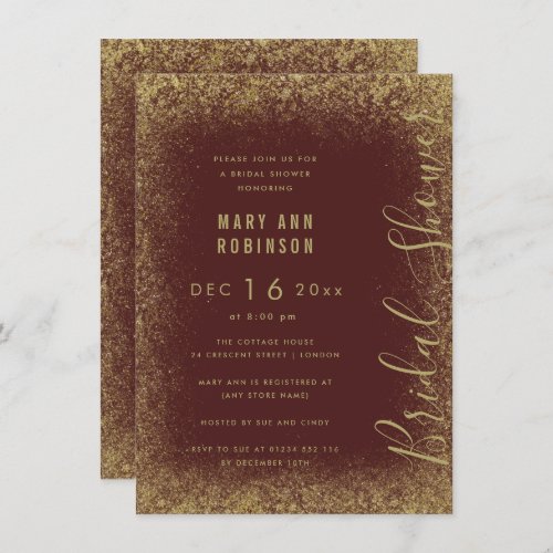 Bridal Shower Gold Glam Glitter Dust Burgundy  Invitation