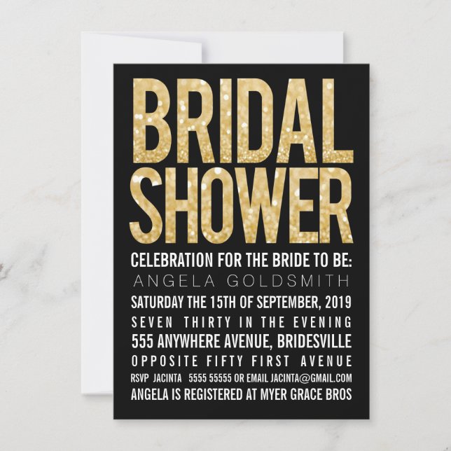Bridal Shower Gold Glitter Black & White Invite (Front)
