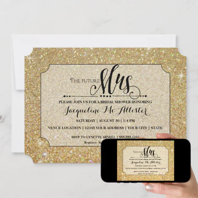 Bridal Shower Gold Glitter Future Mrs. Ticket Invitation | Zazzle