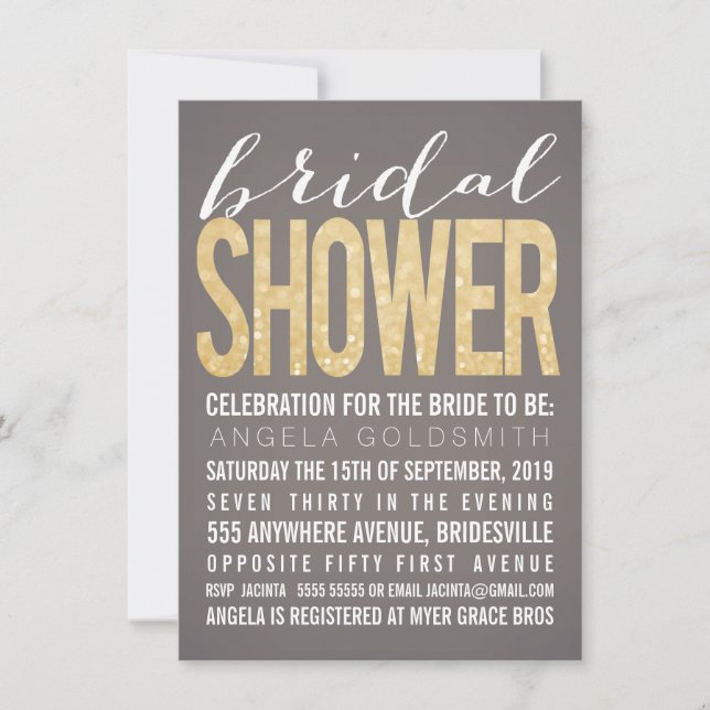 Bridal Shower Gold Glitter Gray Party Invitation (Front)