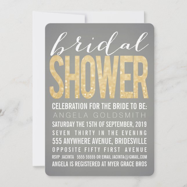 Bridal Shower Gold Glitter Gray Party Invitation (Front)