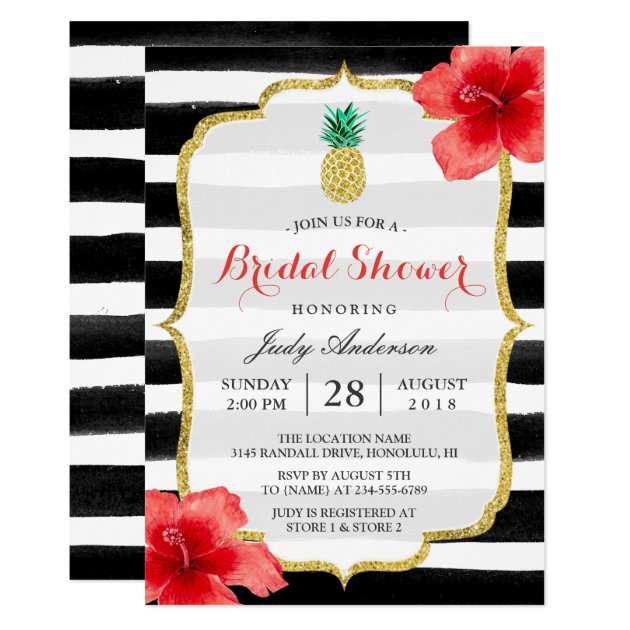 Bridal Shower Gold Glitter Pineapple Red Hibiscus Invitation