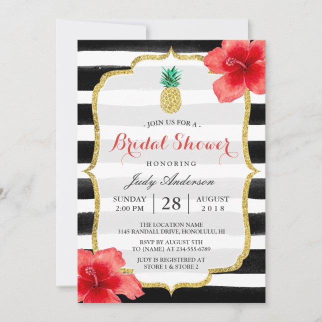 Bridal Shower Gold Glitter Pineapple Red Hibiscus Invitation (Front)