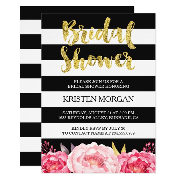 Bridal Shower Gold Glitter Pink Floral Stripes Invitation