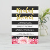 Bridal Shower Gold Glitter Pink Floral Stripes Invitation (Standing Front)