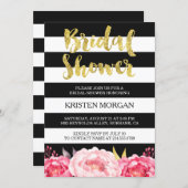 Bridal Shower Gold Glitter Pink Floral Stripes Invitation (Front/Back)