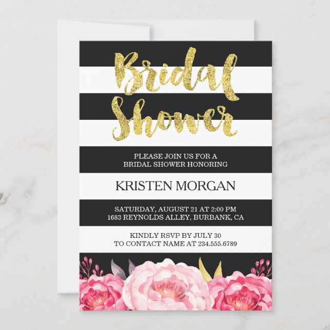 Bridal Shower Gold Glitter Pink Floral Stripes Invitation (Front)