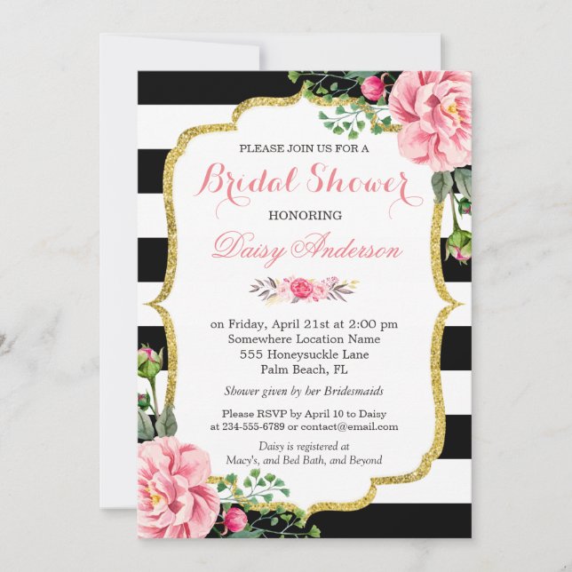 Bridal Shower Gold Pink Floral Black White Stripes Invitation (Front)