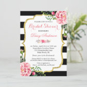 Bridal Shower Gold Pink Floral Black White Stripes Invitation (Standing Front)