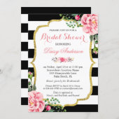 Bridal Shower Gold Pink Floral Black White Stripes Invitation (Front/Back)