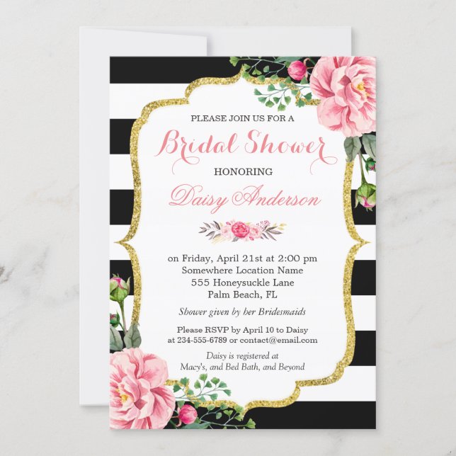 Bridal Shower Gold Pink Floral Black White Stripes Invitation (Front)
