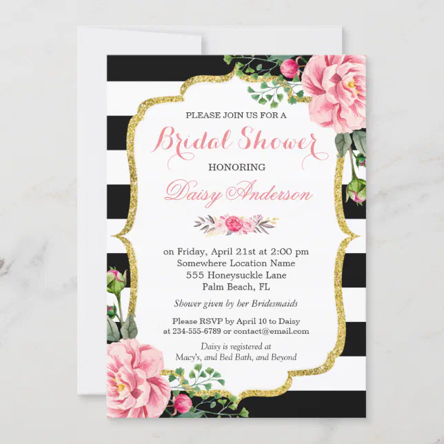 Bridal Shower Gold Pink Floral Black White Stripes Invitation | Zazzle