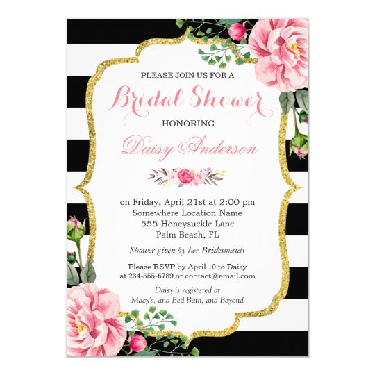 bridal shower gold pink floral black white stripes invitation