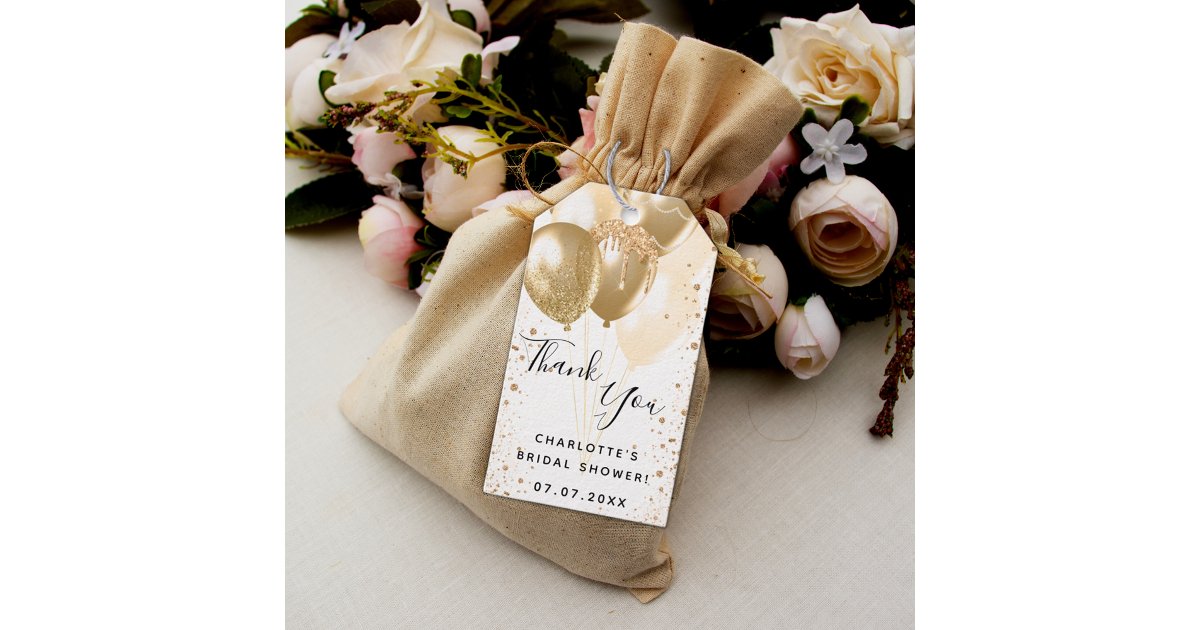 Bridal Shower gold white glitter balloon thank you Gift Tags | Zazzle