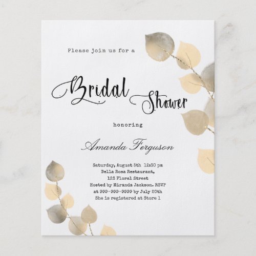 Bridal Shower golden eucalyptus budget invitation Flyer