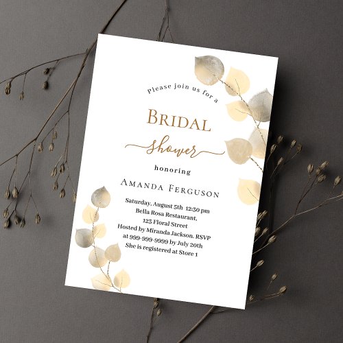 Bridal Shower golden eucalyptus sprigs Invitation Postcard