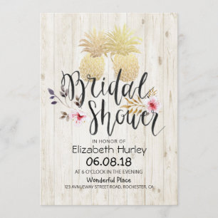 Bridal Shower Golden Pineapple Couple Rustic Wood Invitation
