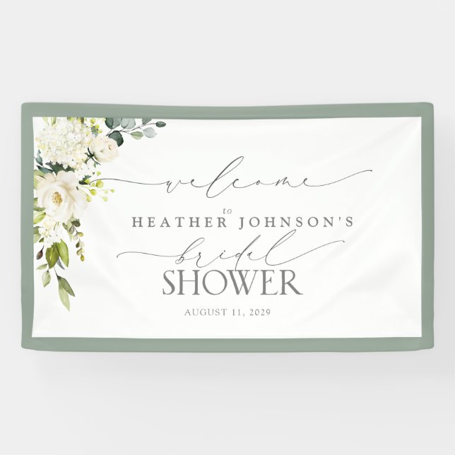 Bridal Shower Gray Green Watercolor Floral Welcome Banner (Horizontal)