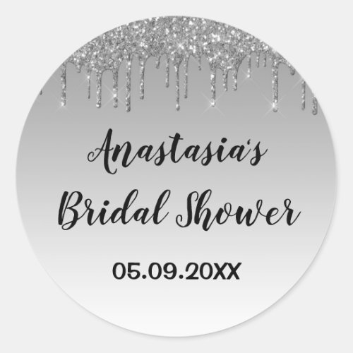Bridal Shower Gray  Silver Glitter Drips Sparkle Classic Round Sticker