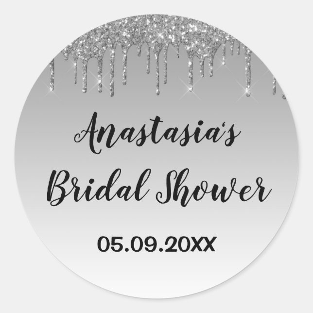 Bridal Shower Gray & Silver Glitter Drips Sparkle Classic Round Sticker (Front)