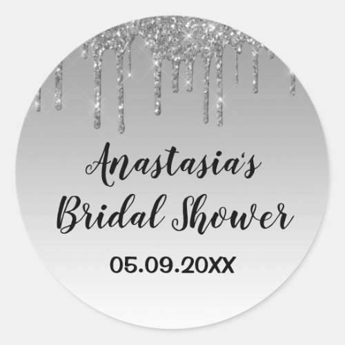 Bridal Shower Gray  Silver Glitter Drips Sparkle Classic Round Sticker